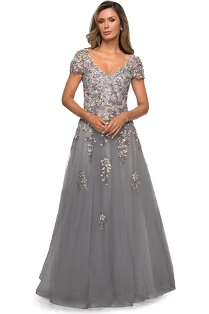 La Femme 27968 V Neck Lace Appliques Evening Gown
