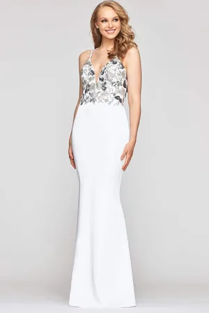 FAVIANA S10475 Embroidered Deep V-neck Faille Satin Simple Prom Dress