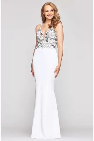 FAVIANA S10475 Embroidered Deep V-neck Faille Satin Simple Prom Dress