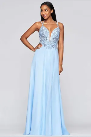 FAVIANA S10416 Beaded Deep V-neck Chiffon A-line Dress
