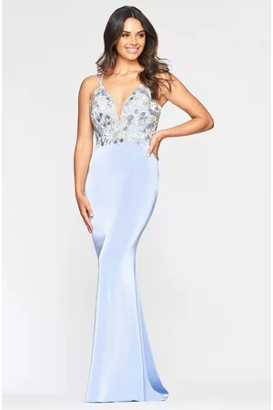 FAVIANA S10475 Embroidered Deep V-neck Faille Satin Simple Prom Dress
