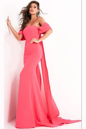 JOVANI 04350 Off Shoulder Crepe Evening Dress With Long Cape