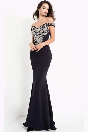 JOVANI 02576 Off Shoulder Paisley Motif Long Gown