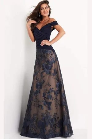 JOVANI 02852 Off Shoulder Pleated Bodice Embroidered Gown