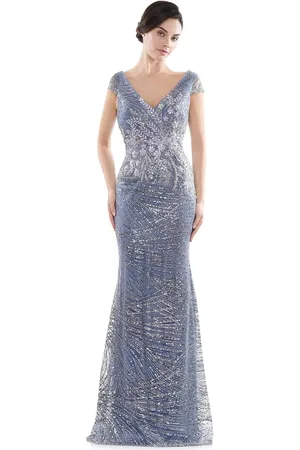 Rina Di Montella RD2723 V-Neck 3D Floral Appliqued Glitter Gown