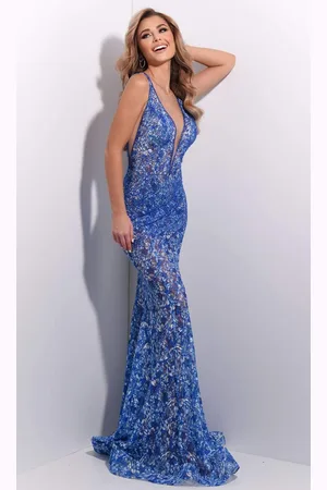 Jasz Couture 7210 Illusion Plunging Neck Beaded Lace Sheath Gown