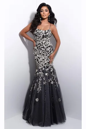 Jasz Couture 7211 Spaghetti Strap Floral Applique Trumpet Dress