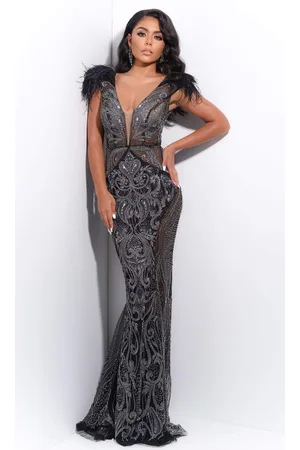 Jasz Couture 7226 Feather Shoulder Beaded and Sequin Illusion Gown