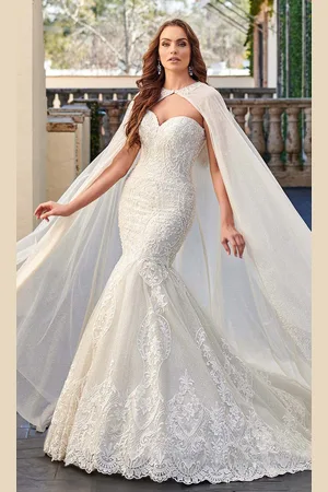Rachel Allan M781 Embroidered Lace Mermaid Wedding Gown With Cape