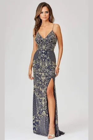 Lara Dresses 29373 V-Neck High Slit Embellished Fitted Dress