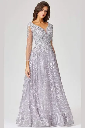 Lara Dresses 29479 Beaded Plunging V Neck Long Sleeves Dress