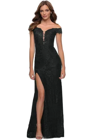 La Femme 29693 Stretch Lace Deep Off Shoulder Trumpet Dress