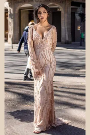 Chic And Holland HF1610 Sheer Long Sleeve Beaded Dress