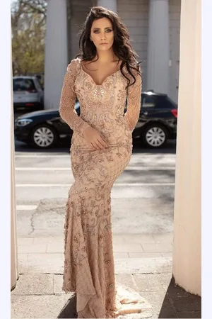 Chic And Holland HF1607 V Neck Long Sleeve Beaded Gown
