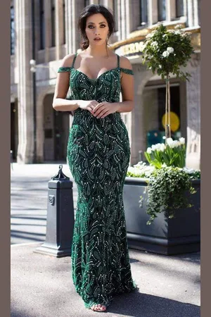 Chic And Holland HF1636 Cold Shoulder Beaded Simple Prom Trumpet Dress