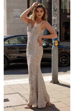 Chic And Holland HF1539 Embellished Deep V Neck Long Gown