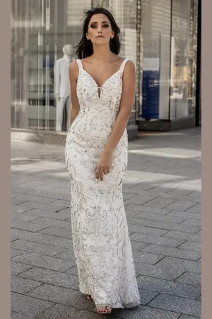 Chic And Holland HF1539 Embellished Deep V Neck Long Gown