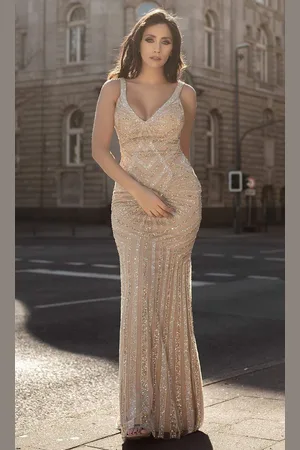 Chic And Holland AN1413 Beaded Low Back Long Dress