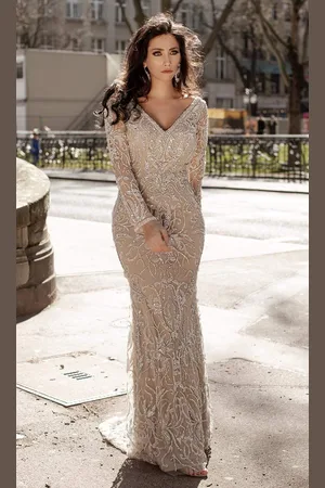 Chic And Holland HF1552 Bedazzled Long Sleeve Sheath Dress