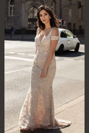 Chic And Holland HF1558 Beaded Cold Shoulder Long Dress