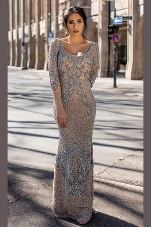 Chic And Holland HF1537 Embellished Long Sleeve Scoop Sheath Dress