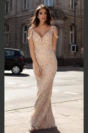 Chic And Holland HF1530 Beaded Deep V Neck Fitted Dress