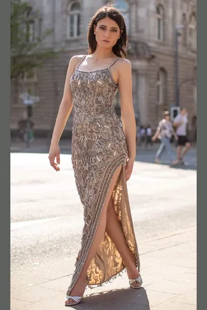 Chic And Holland HF1509 Rhinestone Beaded Fitted Gown with Side Slit