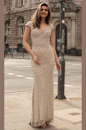 Chic And Holland HF1526 Embellished V Neck Long Sheath Dress