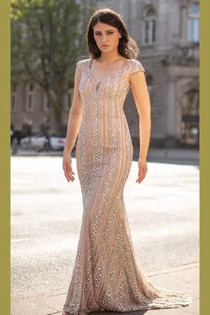 Chic And Holland HF1600 V-Neck Beaded Long Modest Prom Dress
