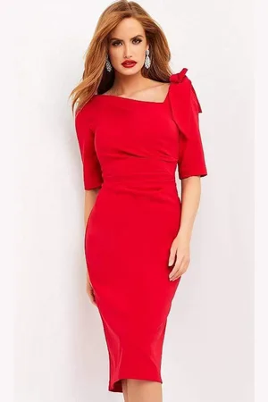 JOVANI 04281 Asymmetric Neck Fitted Knee Length Dress