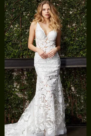 Jovani Bridal JB04192 V Neck Embellished Trumpet Bridal Dress