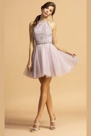 Aspeed Design S2095 Beaded Halter Tulle Dress