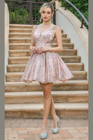 Dancing Queen 3262 Plunging V-Neck Embellished Dress