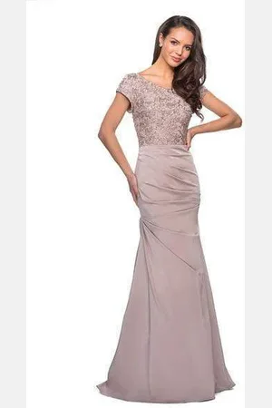 La Femme 26806 Short Sleeve Embroidered Bodice Ruched Mermaid Gown