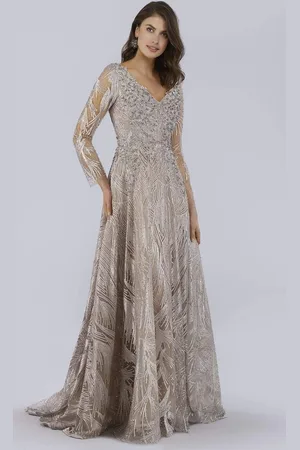 Lara Dresses 29753 V Neck Long Sleeves Beaded Embroidered Gown