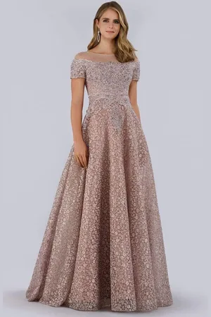Lara Dresses 29765 Short Sleeve Bead Embroidered Long Evening Gown