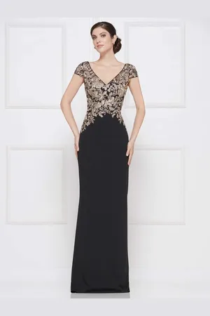 Rina Di Montella RD2652 Embroidered Vneck Stretch Crepe Sheath Dress