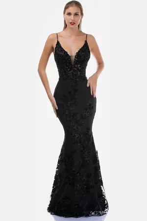Nina Canacci 2240 V-Neck Embroidered Long Dress