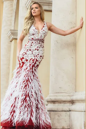 Jasz Couture 7003 Floral Embroidered Deep V-neck Feathered Dress