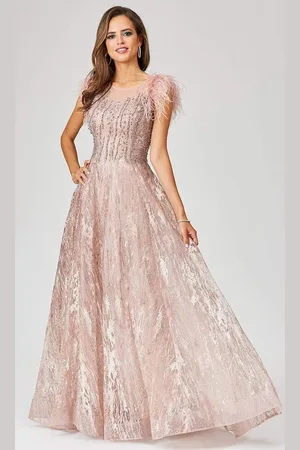 Lara Dresses 29475 Feather-Fringed Cap Sleeve Embroidered Gown
