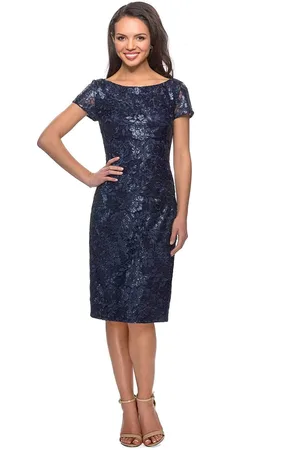 La Femme 27828 Lace Bateau Knee Length Sheath Dress