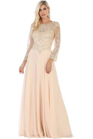 May Queen MQ1615B Applique Long Sleeve A-line Dress