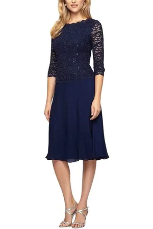 Alex Evenings 1121796 Scallop Lace Top Tea Length Chiffon Dress