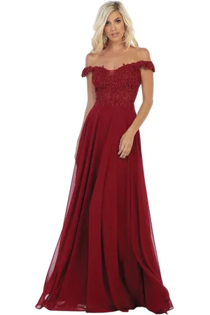 May Queen MQ1602B Floral Appliqued Off-Shoulder Dress