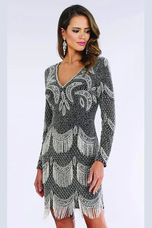 Lara Dresses 29377 Long Sleeve Fringe Ornate Sheath Dress