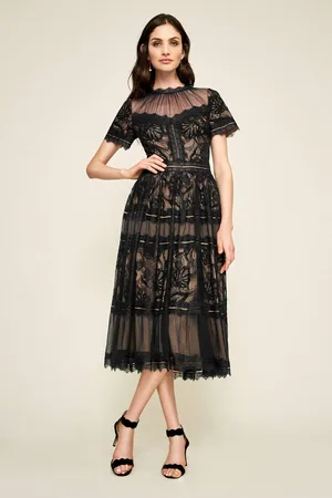 Tadashi Shoji Illusion Neckline Sheer Lace Tea Length Dress