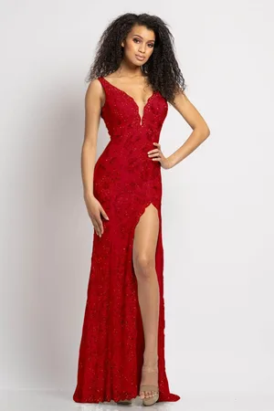 Johnathan Kayne 2181 Lace Deep V-Neck Embellished High Slit Dress