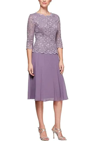 Alex Evenings 1121796 Scallop Lace Top Tea Length Chiffon Dress