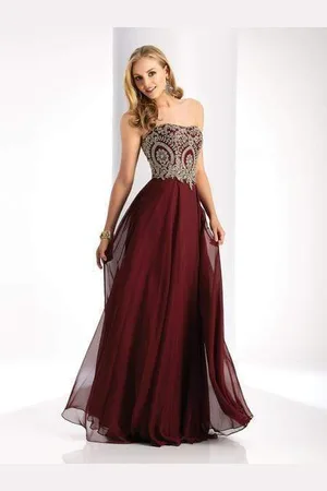 Clarisse 3000 Strapless Gilt-Appliqued Chiffon Long Gown