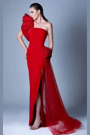 MNM Couture G1096 Asymmetric Neck Fitted Dress With Draping